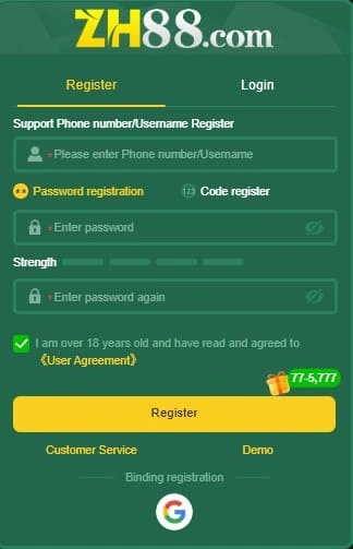 Register/Create account ZH88 Game Screenshot