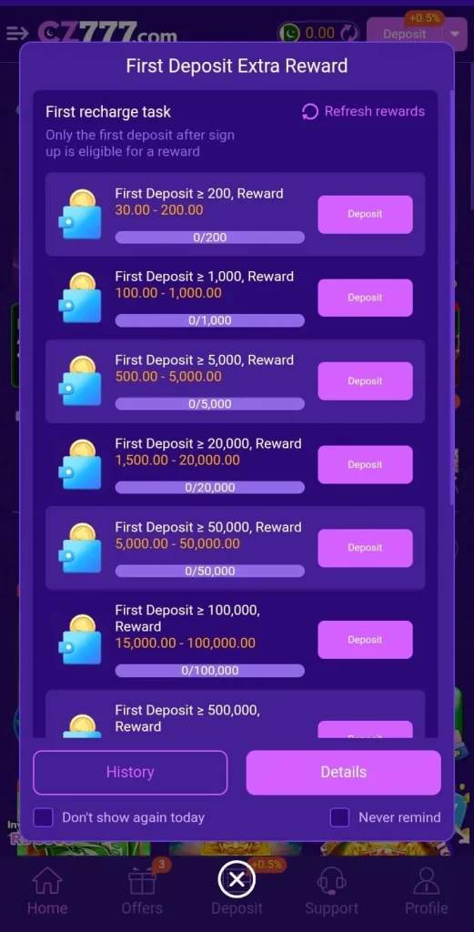 CZ777 Game First Deposit Bonuses