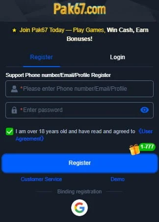 How to Register on Pak67 Game