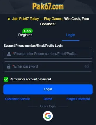 How to login on Pak67 Game